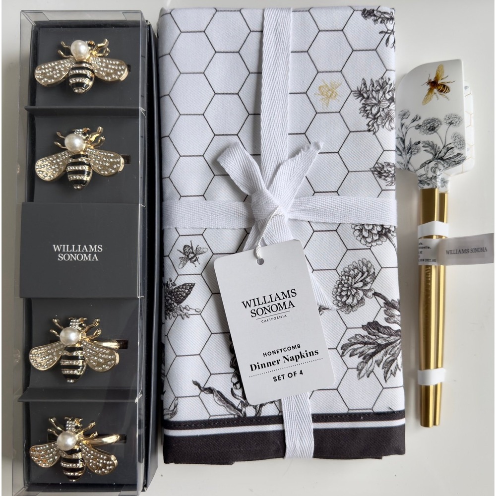 Williams Sonoma Bee Honeycomb 10 Pc Table Napkins Spatulas Set NWT Retail $167